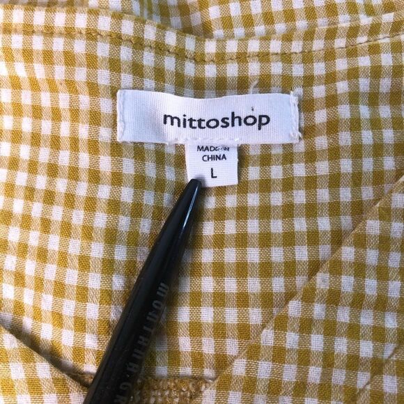 mittoshop Mustard & White Check Top Linen Blend Full Long Sleeve Size Large - Picture 6 of 9